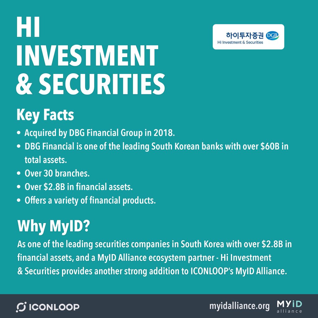 Hi Investment & Securities: Over 30 branches, over $2.8B in financial assets, and was acquired by DBG Financial Group - one of the leading South Korean banks with over $60B in assets.Another strong addition to  #ICONLOOP’s MyID Alliance.  #Blockchain  #Crypto  #ICONProject  $ICX