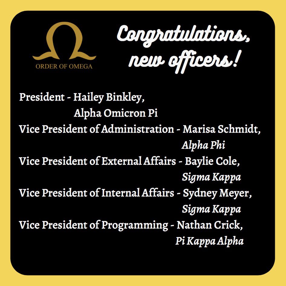 StateOmega's tweet image. Congratulations to the Officers for the 2020-2021 academic year! Our members are looking forward to your future work in the Order! 🖤✨ #OoO #OrderOfOmega