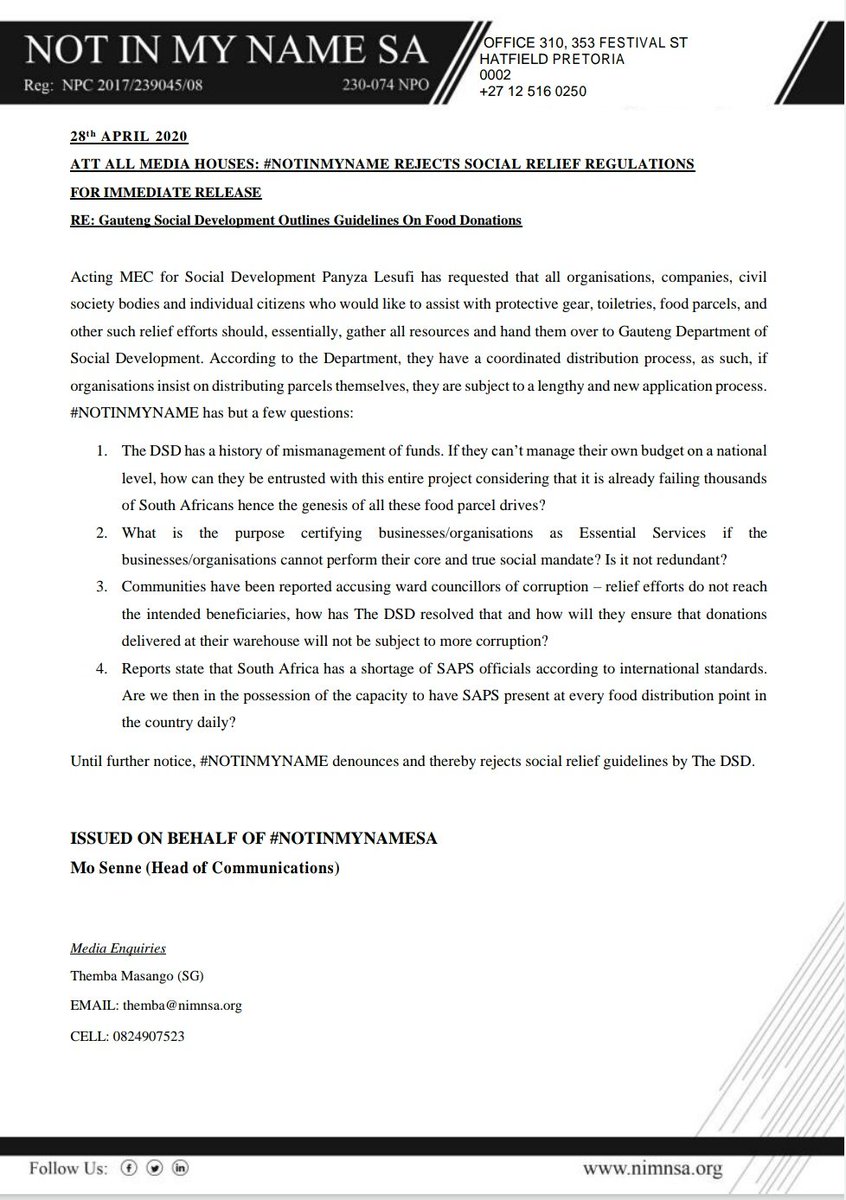 NotInMyNameINT's tweet photo. #NOTINMYNAME REJECTS SOCIAL RELIEF REGULATIONS by @Lesufi of @The_DSD
ISSUED ON BEHALF OF #NOTINMYNAMESA
✍ @Mo_Senne (Head of Communications)
RE: The DSD Outlines Guidelines on Food Donations https://t.co/SSNiKxtW1D