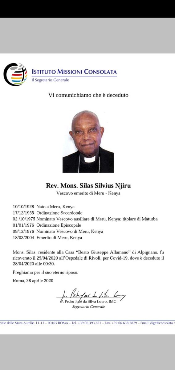 nkunjaeliud's tweet photo. RIP former Bishop of the Catholic Diocese of Meru (1976-2004) the Retired Rt. Rev. Silas Silvius Njiru. The Bishop Emeritus has died from #COVID19 disease, aged 92. May he Rest in Peace. https://t.co/7LzGgBpuxB