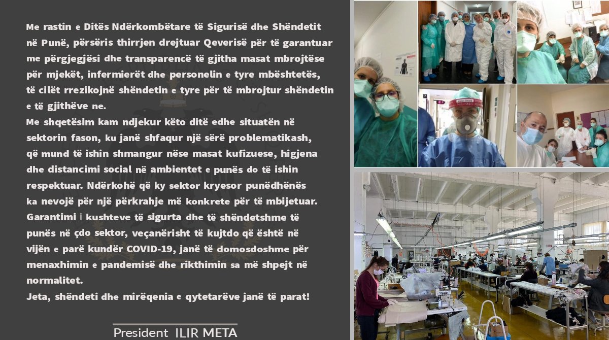 ilirmetazyrtar's tweet image. Garantimi i kushteve të sigurta dhe të shëndetshme të punës në çdo sektor, veçanërisht të kujtdo që është në vijën e parë kundër #COVID19, janë të domosdoshme për menaxhimin e pandemisë dhe rikthimin sa më shpejt në normalitet. 🇦🇱 
#SHWday