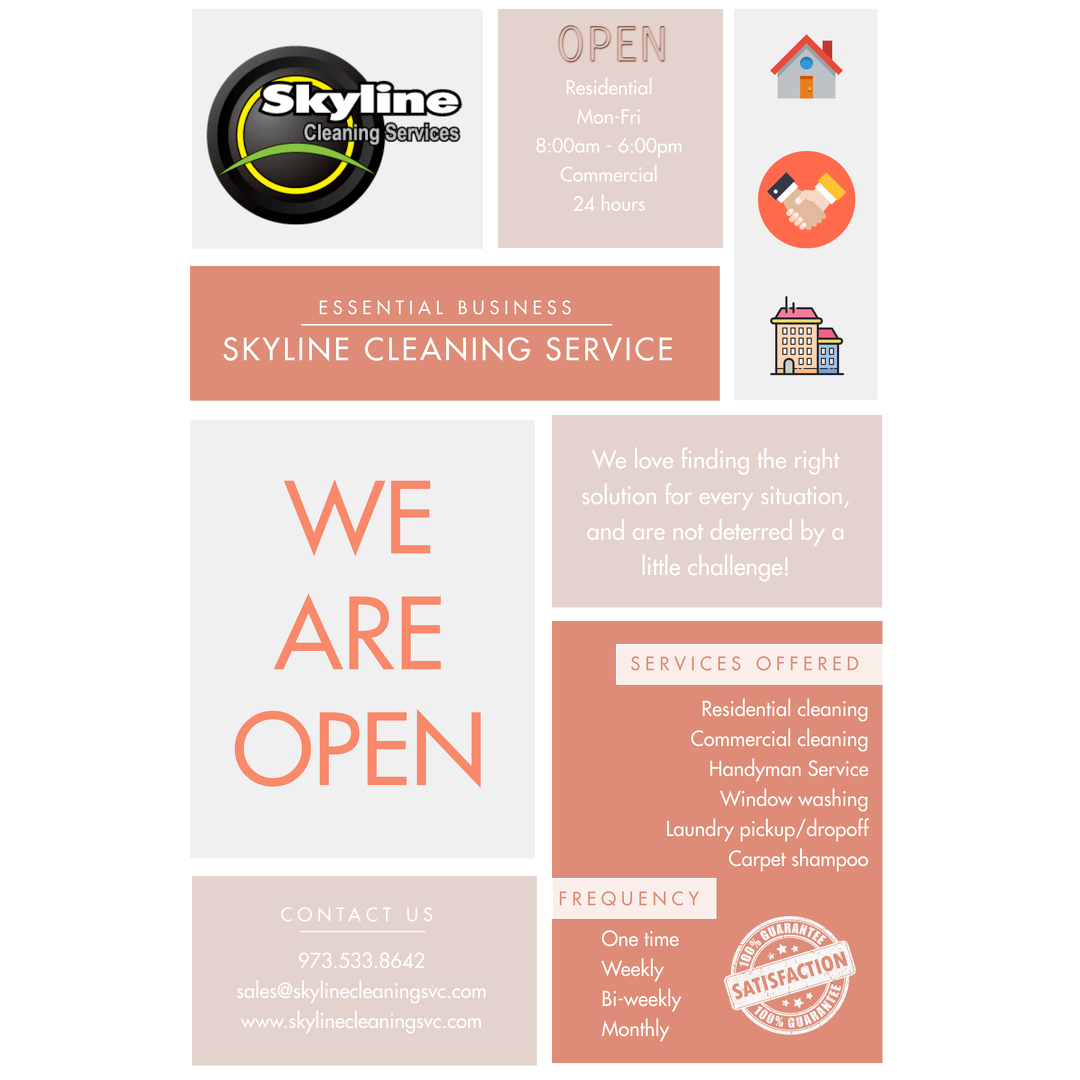 skylinesvc's tweet photo. Skyline Cleaning Services is open and operating full-time, our team is here to guarantee the best cleaning services for all our clients during the COVID-19 epidemic. 

Call us at 📞 (973) 533-8642 and get a free estimate!! https://t.co/I5msY3XMSR