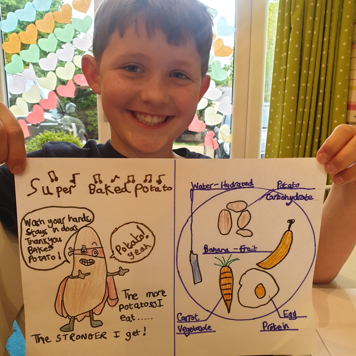 melsquires's tweet photo. Eddie (8yrs) has been struggling adapting to home learning due to his autism BUT when he was set a task today to 'Design a Lunch for a Superhero' there was only one person in his mind!!!! He would love a RT from you @RealMattLucas 🥔 #bakedpotatosong #bakedpotato #AutismAwareness https://t.co/2bPODMRFq6