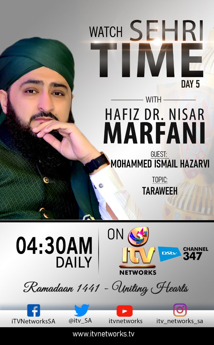itv_sa's tweet photo. Sehri Time with Hafiz Dr Nisar Marfani at 04h30
Day 5
Taraweeh with Mohammed Ismail Hazarvi
#SehriProgram #HafizMarfani #Taraweeh https://t.co/k0NQqbkbPl
