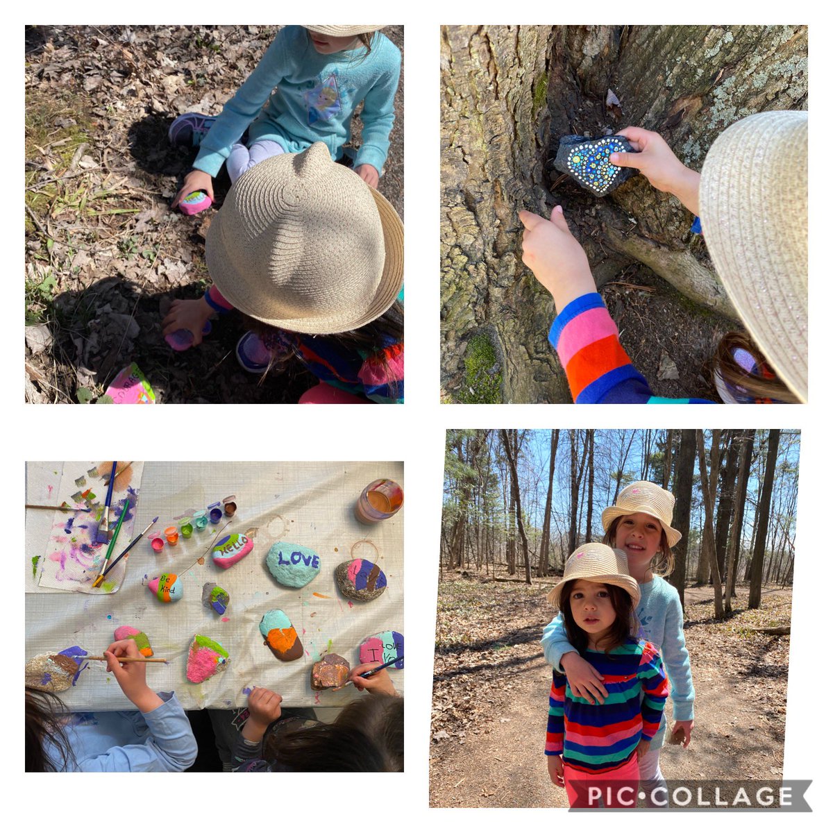 Mrs_DimasR's tweet photo. We painted rocks with beautiful pictures and messages on them and put them in the forest to be found! We even discovered some ourselves! #ocsbAtHome #BeCommunity @StJamesk3s @StJamesOCSB https://t.co/33RUDo2UvA