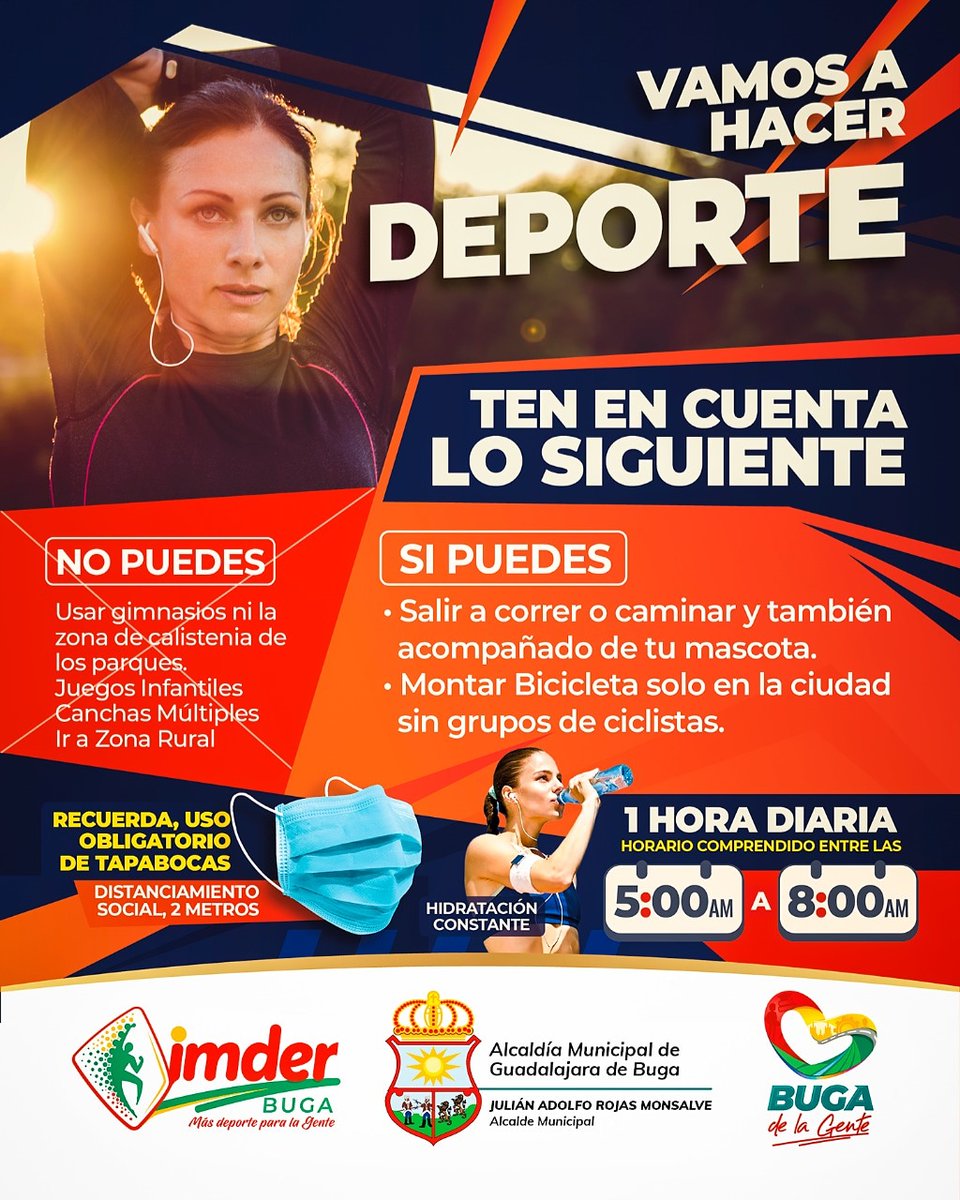 Julianrojas11's tweet photo. Adoptamos el horario de 5am a 8am para la práctica de la actividad deportiva al aire libre. Es importante el autocuidado, el uso del tapabocas y el distanciamiento social. No usen las máquinas de los parques, juegos infantiles o la zona de calistenia. https://t.co/qV0Wz2tUkt