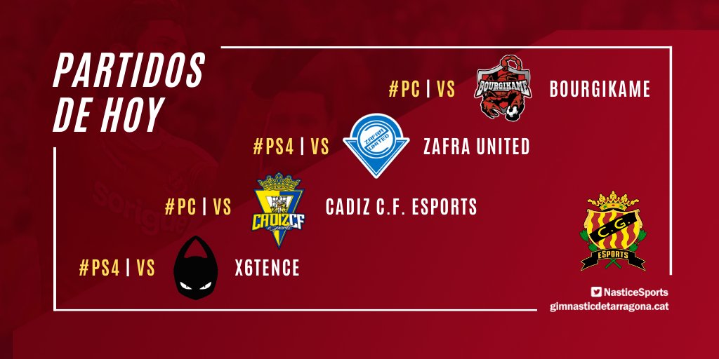 🎮 PARTIDOS DE HOY ⚽ 

#PS4 | @CPVL_ES
⏰22:30 h 🆚 <a href="/ZafraUnited/">𝐙𝐀𝐅𝐑𝐀 𝐔𝐍𝐈𝐓𝐄𝐃 🎮</a>

#PC | <a href="/FVPA_ESP/">Fed. Esp. Clubes Pro</a>
⏰22:40 h 🆚 <a href="/bourgikameFifa/">Bourgikame</a>

#PC | <a href="/VFOspain_pc/">VFOspain PC</a>
⏰23:10 h 🆚 <a href="/Cadiz_CFESports/">Cádiz CF eSports</a>

#PS4 | <a href="/VFOspain_ps/">VFOspain PS</a>
⏰23:10 h 🆚 <a href="/x6tence/">x6tence</a>

📺 PC 👉 bit.ly/NasticeSportsPC
📺 PS 👉 bit.ly/NasticeSportsPS