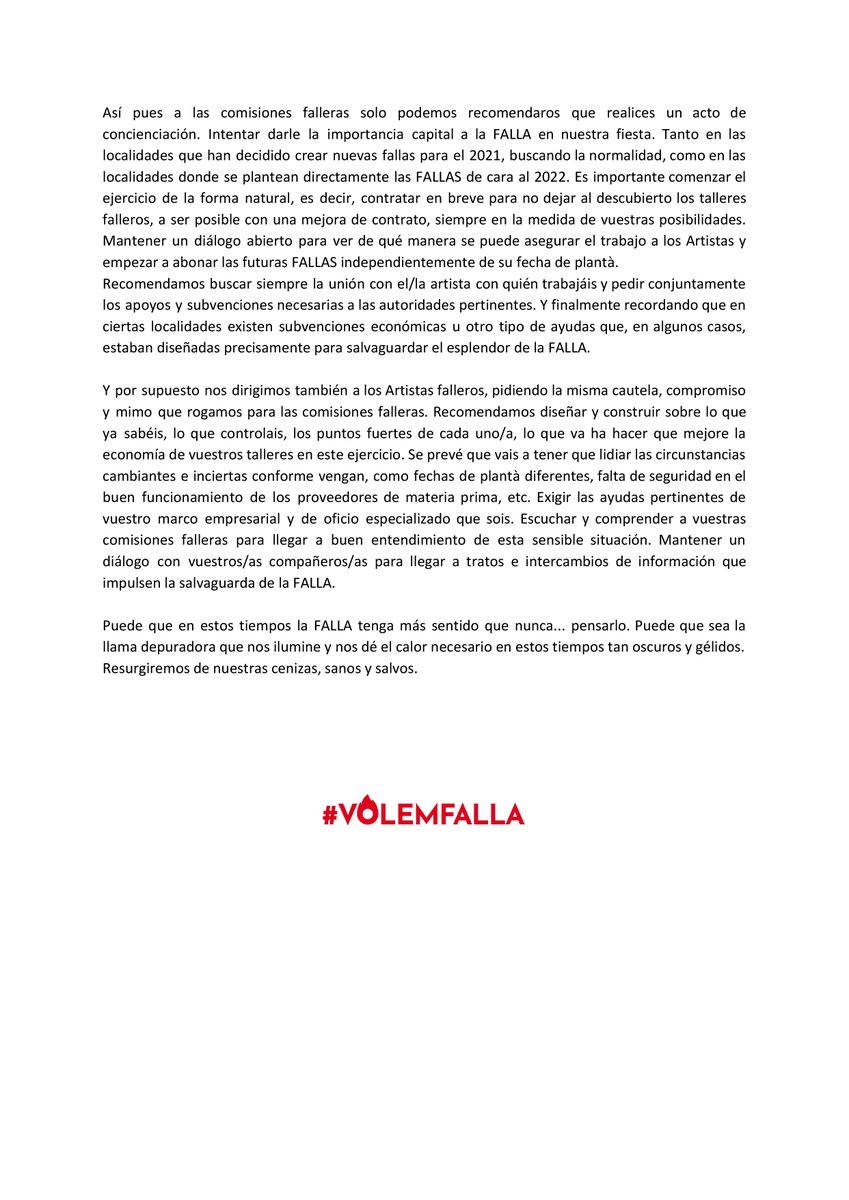 QUIEROFALLA's tweet photo. Desde el movimiento #VOLEMFALLA queremos transmitir nuestro sentir sobre la situación del Covid-19 en relación a las Fallas. 

Des del moviment #VOLEMFALLA volem transmetre-us nostre sentir sobre la situació del Covid-19 en relació a les Falles.
#falla #falles #germanor #fallas https://t.co/NqDhrihAkN