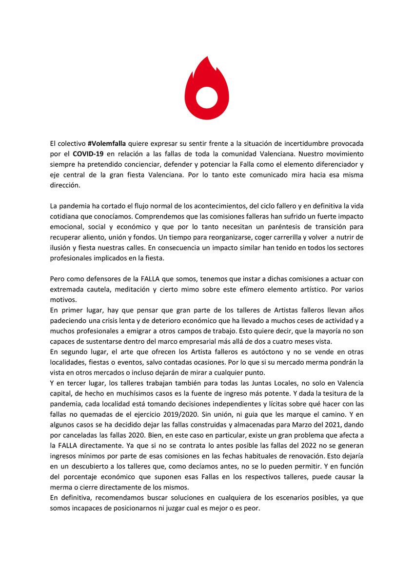 QUIEROFALLA's tweet photo. Desde el movimiento #VOLEMFALLA queremos transmitir nuestro sentir sobre la situación del Covid-19 en relación a las Fallas. 

Des del moviment #VOLEMFALLA volem transmetre-us nostre sentir sobre la situació del Covid-19 en relació a les Falles.
#falla #falles #germanor #fallas https://t.co/NqDhrihAkN