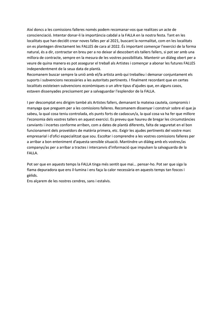 QUIEROFALLA's tweet photo. Desde el movimiento #VOLEMFALLA queremos transmitir nuestro sentir sobre la situación del Covid-19 en relación a las Fallas. 

Des del moviment #VOLEMFALLA volem transmetre-us nostre sentir sobre la situació del Covid-19 en relació a les Falles.
#falla #falles #germanor #fallas https://t.co/NqDhrihAkN