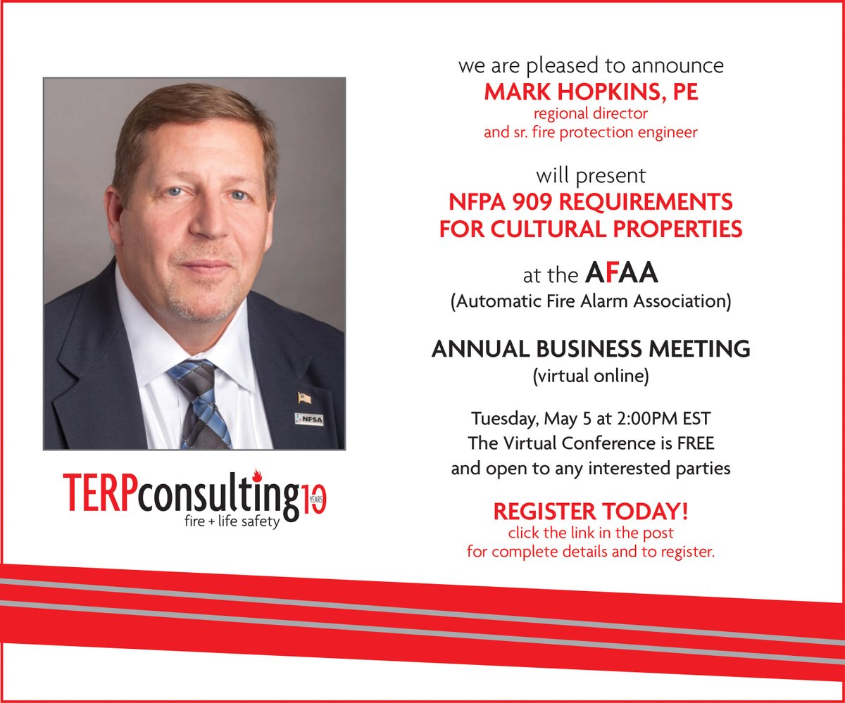 TERPconsulting's tweet photo. TERPconsulting is pleased to announce that Mark Hopkins will present (virtually) at the upcoming Automatic Fire Alarm Association Annual Business Meeting in May. We hope you will join us! @AFAA_ For complete program details and to register, visit https://t.co/6AF0H76Mrx https://t.co/8rZ2kU9Nxj