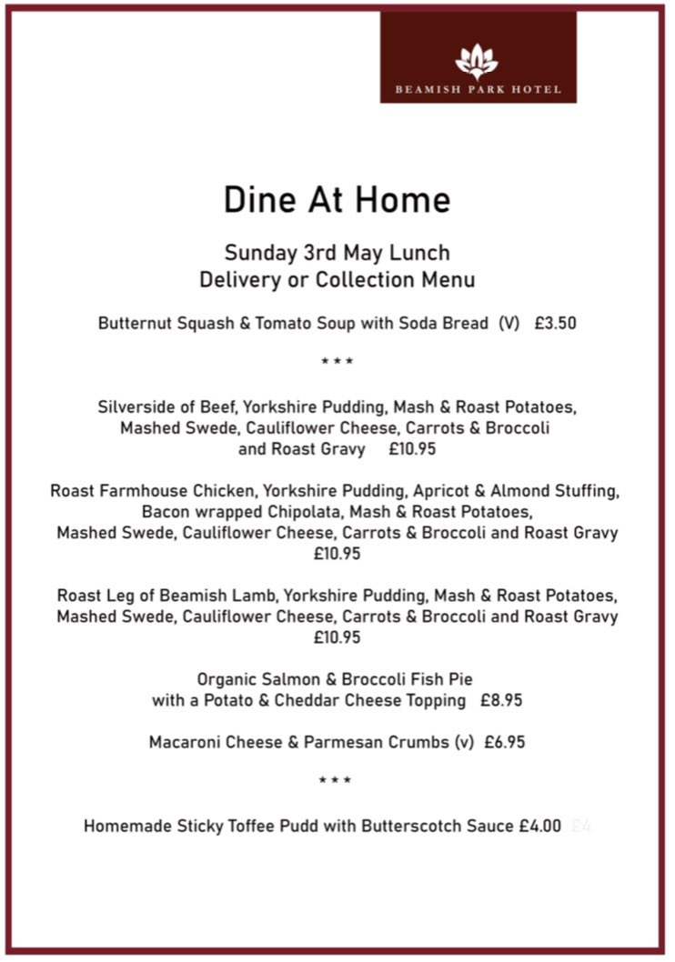 Dine At Home Sunday Lunch starting this week.
Email your order to reception@beamishpark99.uk or ☎️ 01207 230666

#SundayThoughts #foodies #supportlocalBusiness