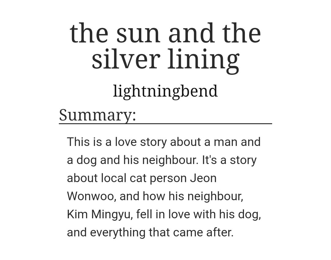 the sun and the silver liningby lightningbend-minwon-wonwoo is just tired -byeol isn't the only puppy *cough* mingyu *cough*-byeol is the true main character here https://archiveofourown.org/works/16671466 