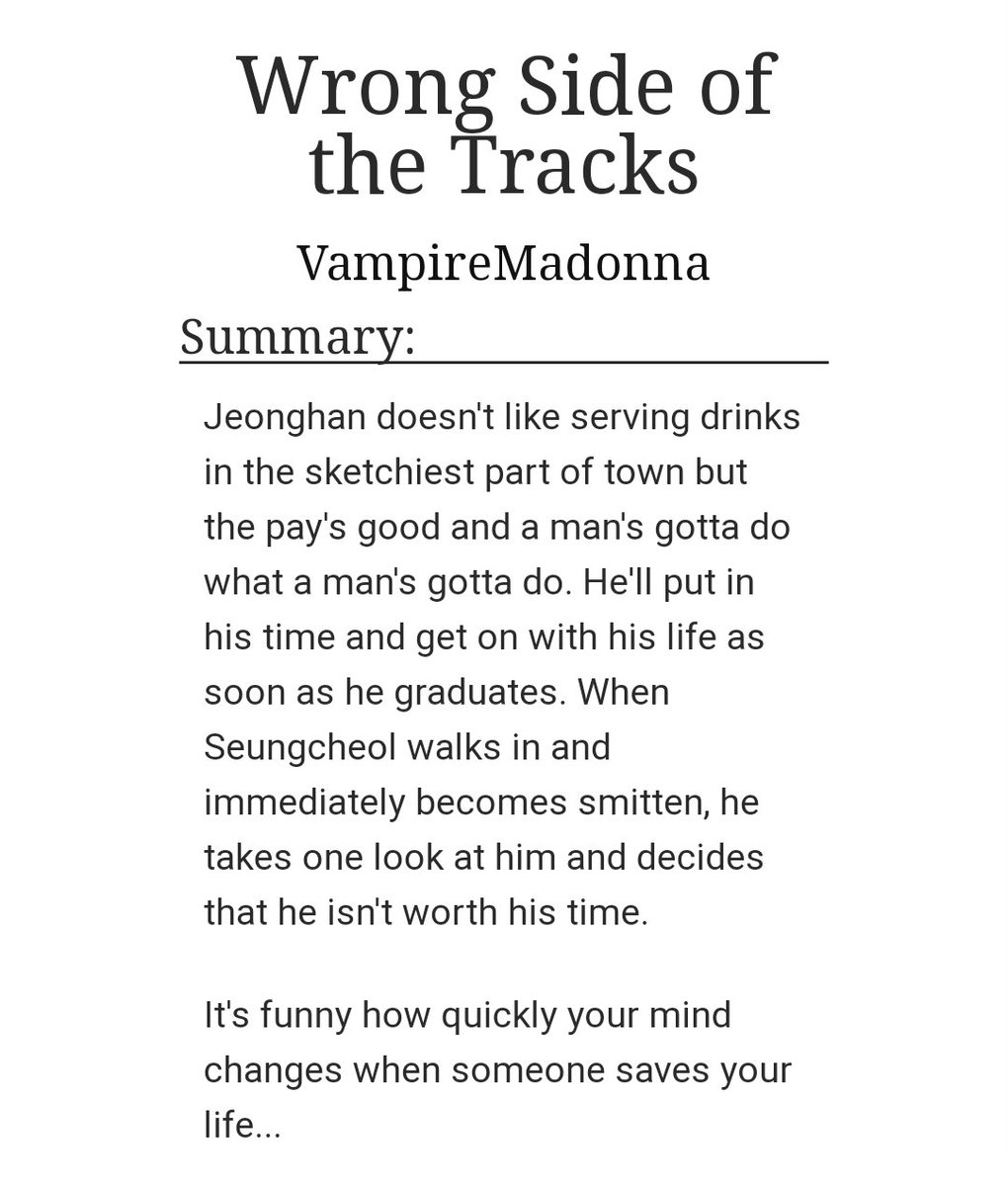 Wrong Side of The Tracksby VampireMadonna-jeongcheol -absolute classic-cheol... /sigh/ https://archiveofourown.org/works/5710609 