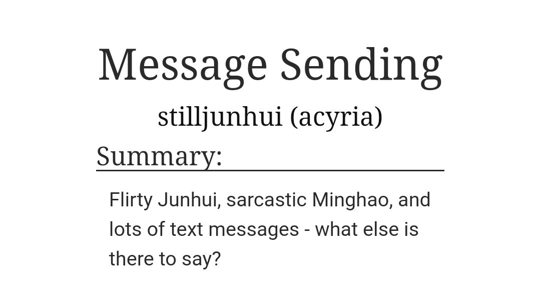 Message Sendingby  @stilljunhui (ao3: stilljunhui)-junhao-dis cute-jun flirts far too much but i love it https://archiveofourown.org/works/10936836 