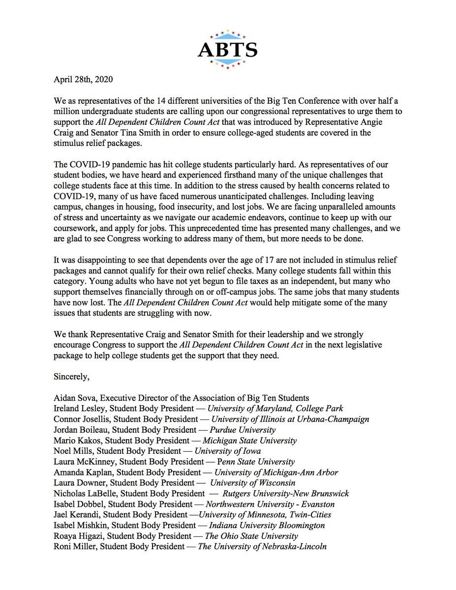 BREAKING: All 14 Big Ten Student Body Presidents call on Congress to pass the All Dependent Children Count Act. It is necessary to ensure that college students are supported during these unprecedented times. Thank you to <a href="/RepAngieCraig/">Angie Craig</a> and <a href="/SenTinaSmith/">Tina Smith</a> for their leadership.