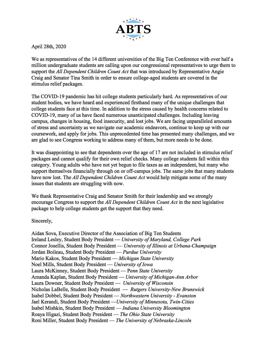 BREAKING: All 14 Big Ten Student Body Presidents call on Congress to pass the All Dependent Children Count Act. It is necessary to ensure that college students are supported during these unprecedented times. Thank you to @RepAngieCraig and @SenTinaSmith for their leadership.