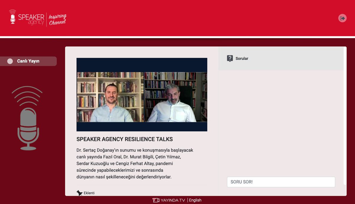 Speaker Agency Resilience Talks Canlı Yayın Webinar Etkinliği yayında.tv #Webinar Platformda Sürüyor. #yayindatv #speakeragency #videokonferans #videoconference