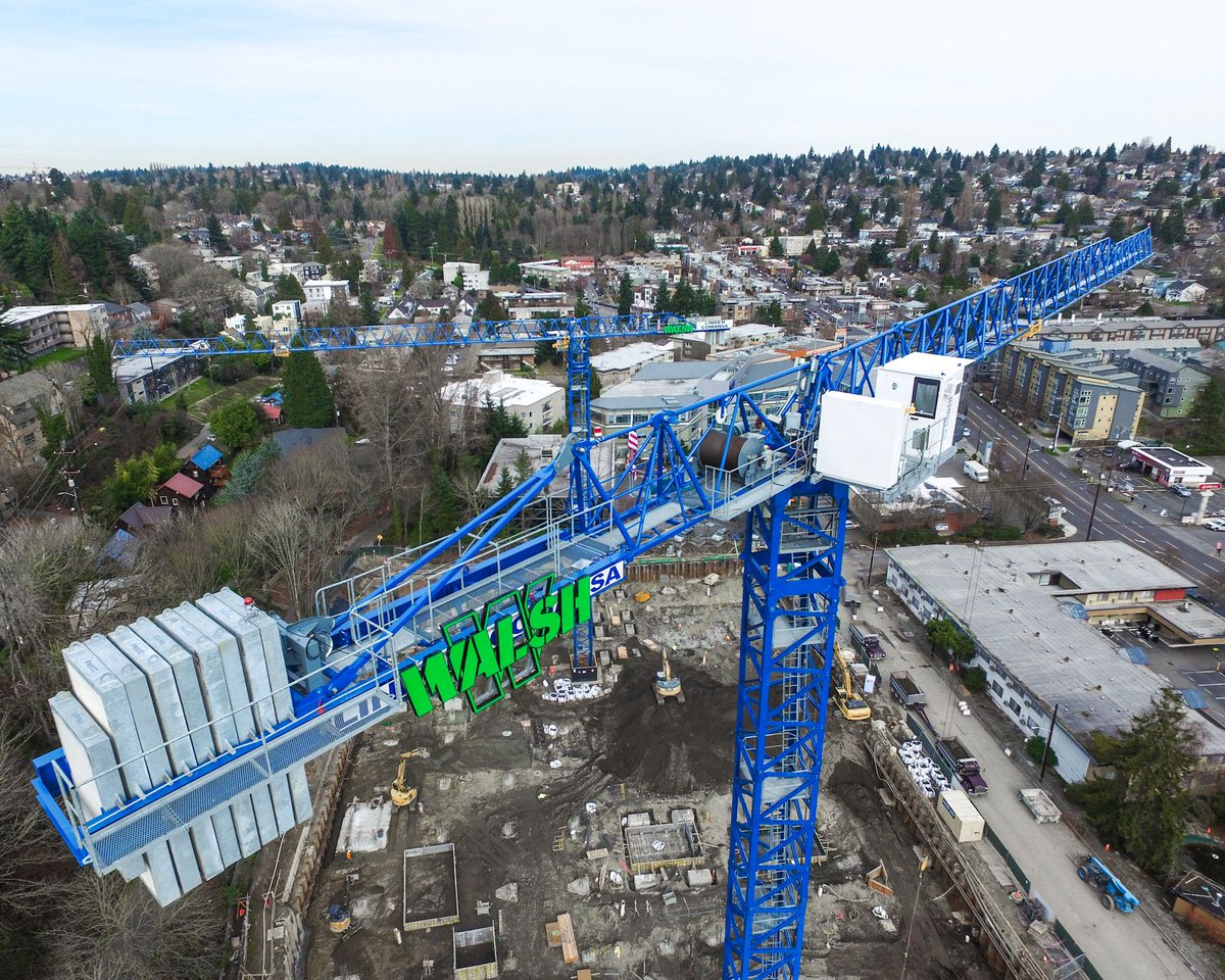 Garner_WBE's tweet photo. Two drone photos of the Trailside job site for Walsh Group, taken one month apart. Garner operators Brian Lay and Sherri Pierog operate the two Comansa tower cranes on site!
#towercranes #craneoperators #seattleconstruction #universitydistrict #lindencomansa #walshgroup #garnerco https://t.co/LlXkrHMLeN