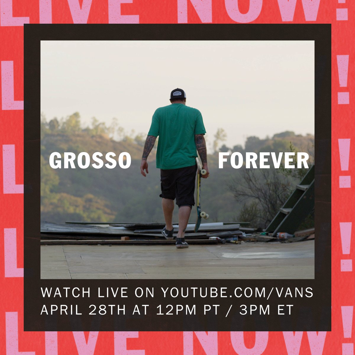 Vans's tweet photo. Join us in celebrating Jeff Grosso's legacy on his birthday with some of his closest friends. Tune in to the memorial livestream right now at https://t.co/rdpvpu9TKS https://t.co/1PeumX0aYQ