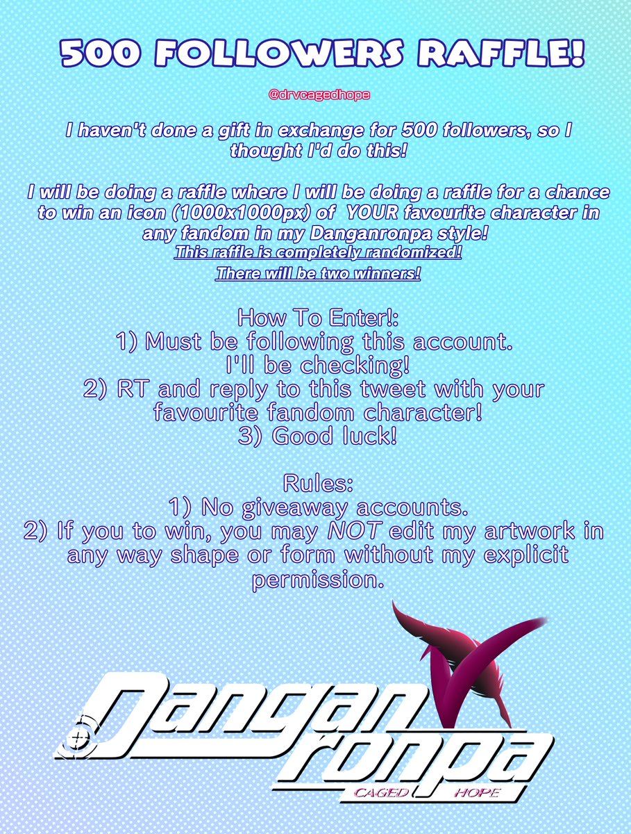 drvcagedhope's tweet photo. [500 Follower Raffle]
To thank you for your support - #artraffle !

💗RT+Follow and reply with a fav chara from any fandom of your choosing! I'll be drawing that character if you're picked!
💗No Giveaway Accounts

✨2 Winners
✨1 Bust Icon per Winner
✨ENDS MAY 3RD!

Good luck! https://t.co/fbrsItpaC0
