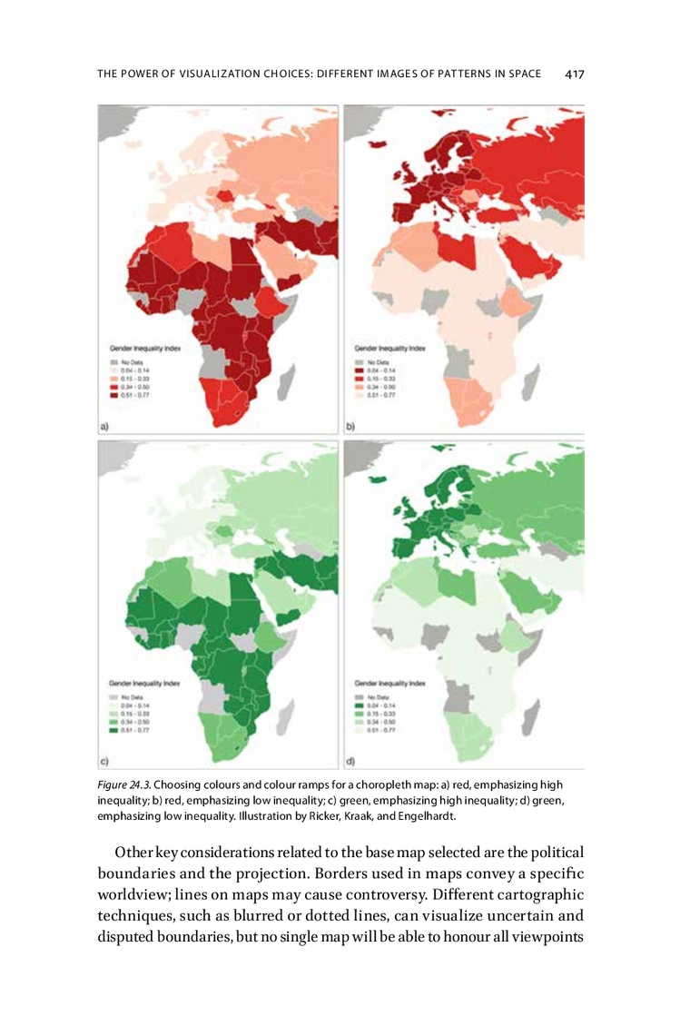 bricker's tweet image. My new book chapter &quot;The power of visualization choices&quot; I describe implications of seemingly simple button clicks that result in very different maps. I use #SDG5 and #genderinequality index to illustrate #readitherefirst #openaccess bit.ly/2Shw1FF