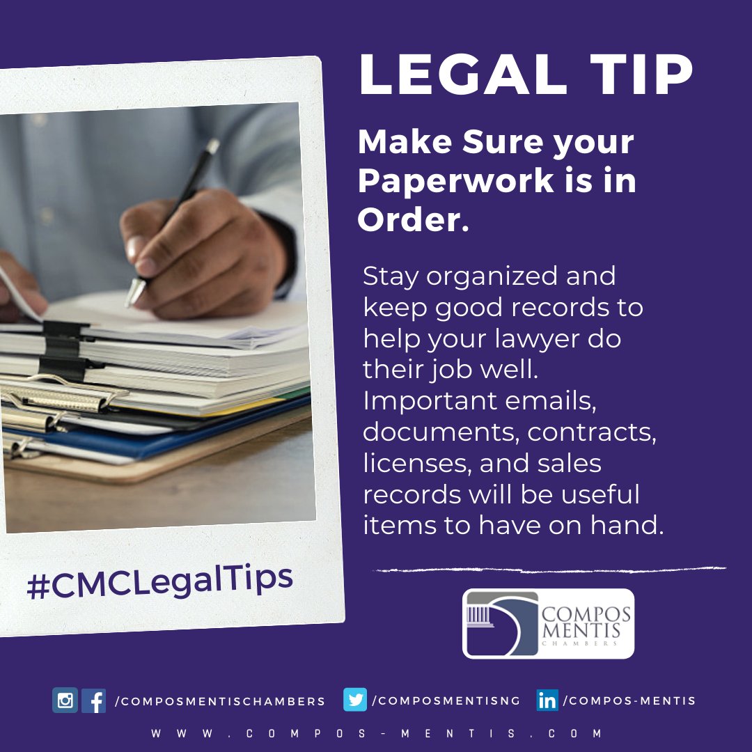composmentisng's tweet photo. Stay organized and keep good records to help your lawyer do their job well. Important emails, documents, contracts, licenses, and sales records will be useful items to have on hand.
#CMCLegalTips #LegalTips #Startups #LegalAdvice #Entrepreneur #Law #Business #Nigeria https://t.co/bKwokKW7Ut