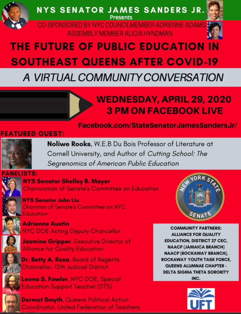 JSandersNYC's tweet photo. Welcome to the latest speaker to join our education event tomorrow - @dpsmyth1, Queens Political Action Coordinator, United Federation of Teachers (#UFT) and our latest co-sponsor, @AliciaHyndman
#blackunityheels #covid19 #sandersD10 #SEQueesnseducation #blacktherapycentral https://t.co/LDsHh09U7E