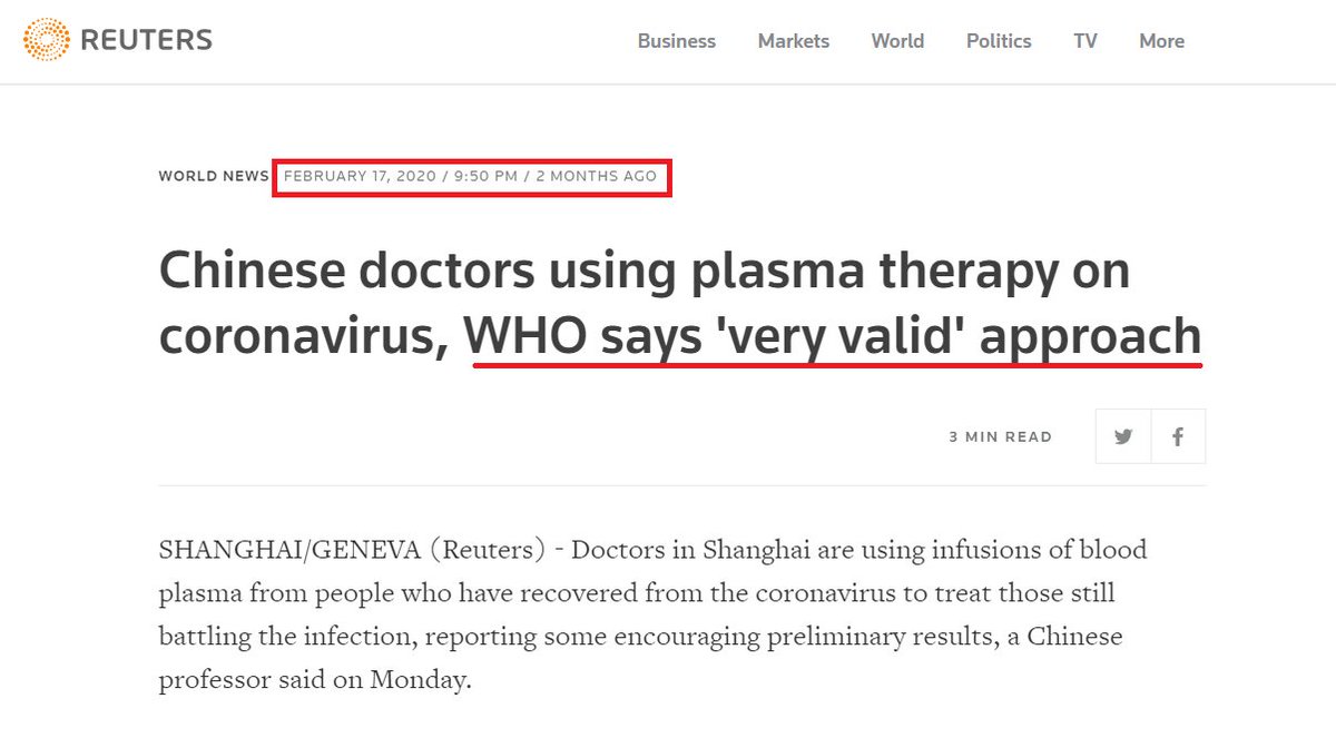   #IndiaFightsCorona This was not a fluke or guess work. Studied up on Convalescent Plasma Therapy used in   #Ebola and then understood some mechanisms and preconditions for it to work. But  @WHO validating this when China tried, a bit too early made to track this closely  https://twitter.com/surnell/s...