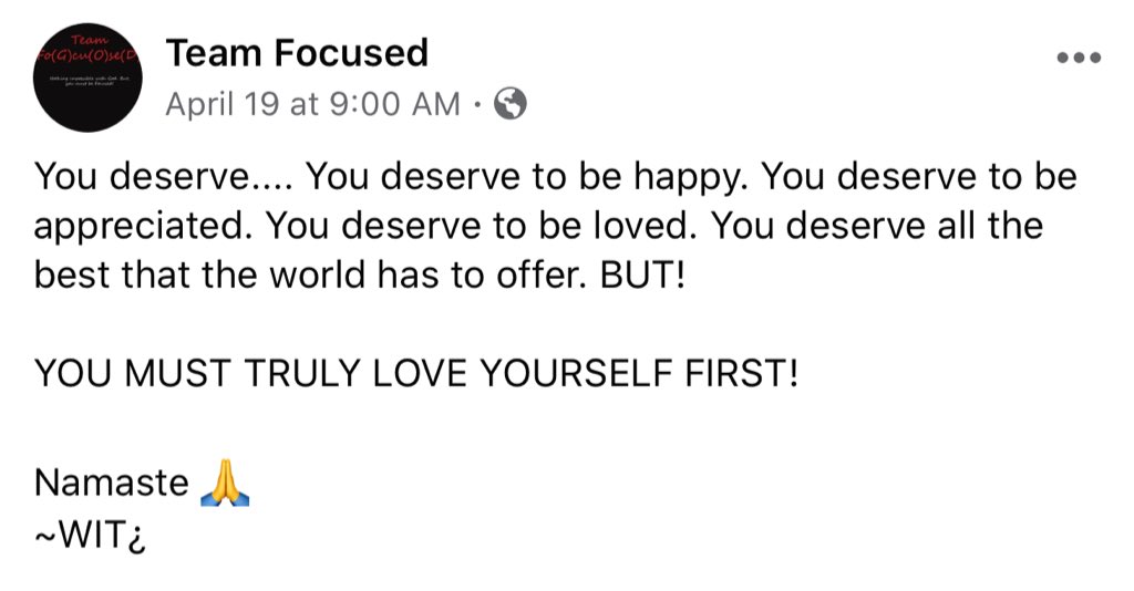 For motivational messages, check out the Facebook: facebook.com/1TeamFocused/