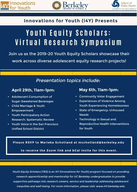 i4yberkeley's tweet photo. Join us as the i4Y Youth Equity Scholars showcase their work across diverse adolescent equity faculty-led research projects.  The showcase will be split across two dates: April 29th and May 6th, both from 11am-1pm.
ZOOM RSVP CONTACT MARIEKA SCHOTLAND: mschotland@berkeley.edu https://t.co/TFKkYn5hgT