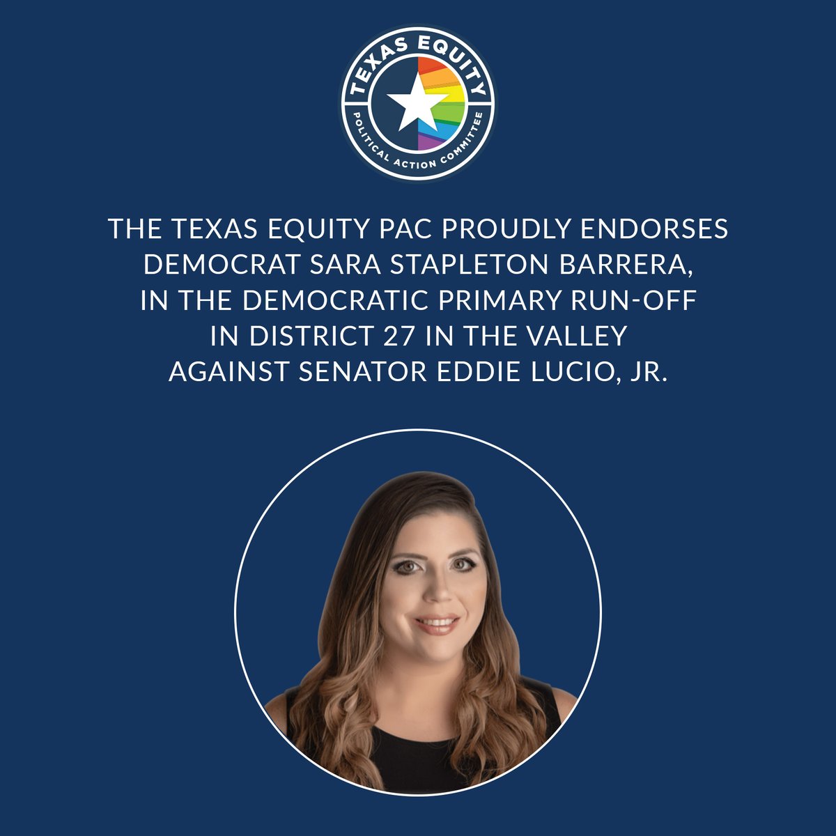 TexasEquityPAC's tweet photo. Texas Equity PAC endorses Democrat Sara Stapleton Barrera, a new dynamic Democratic leader in the July Democratic Primary Run-Off against longtime incumbent Senator Eddie Lucio Jr. in District 27 in the Valley. https://t.co/IzvBJGk2Vg