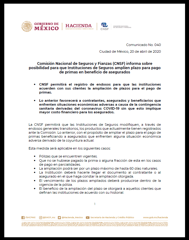CNSF_gob_mx's tweet photo. 🟢#CNSFInforma
¿Ya consultaste el Comunicado 40? El pasado 20 de abril fue aprobado dicho comunicado referente a la ampliación del plazo de pago de primas para el beneficio de los asegurados.
Consulta la información oficial aquí: https://t.co/rATopSD5JP https://t.co/0BRRohdcZL