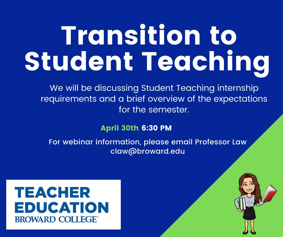 📢Practicum students: Tune in to the Webinar: Transition to Student Teaching. Mark your calendars to attend on Thursday, April 30th at 6:30PM. This is a mandatory event, attendance is required.

For info on webinar login, please email @ProfCrystalLaw or DM us. See you there!