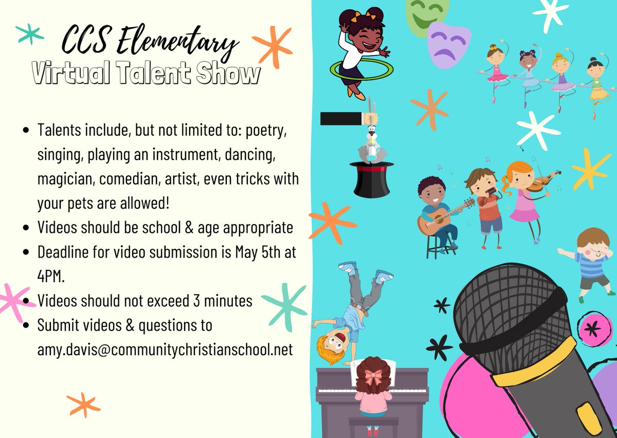 Deadline for video submission is Tuesday, May 5 at 4 p.m. Submit your video &amp; and questions to Amy Davis at amy.davis@communitychristianschool.net.