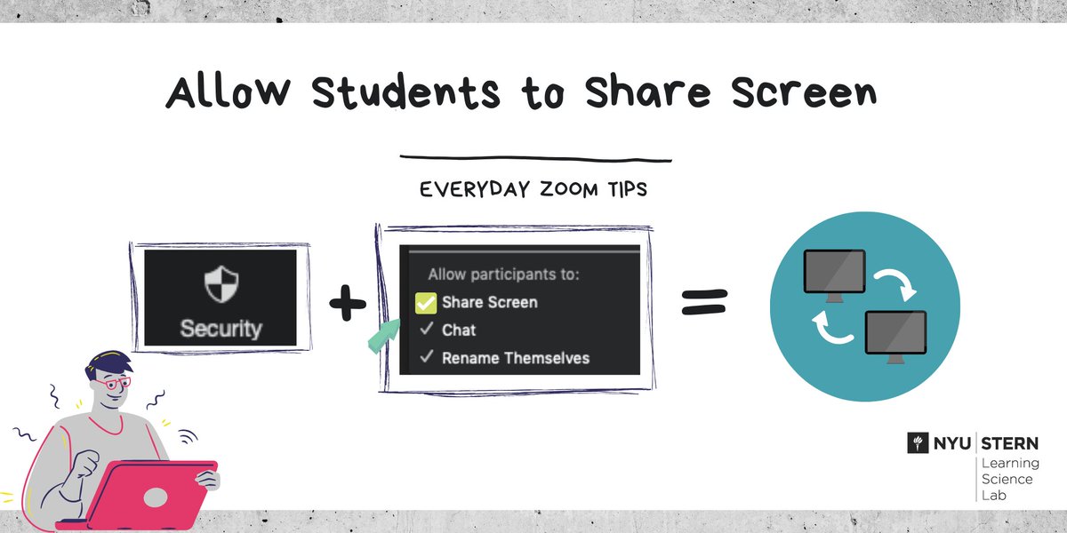 Do you want to allow your students to share their screen in class?

1. Click  “Security”
2. In “Allow participants to” section, check “Share Screen”

You can also use this tool to enable/disable the chat and control if students can rename themselves.

#nyustern #zoomtips