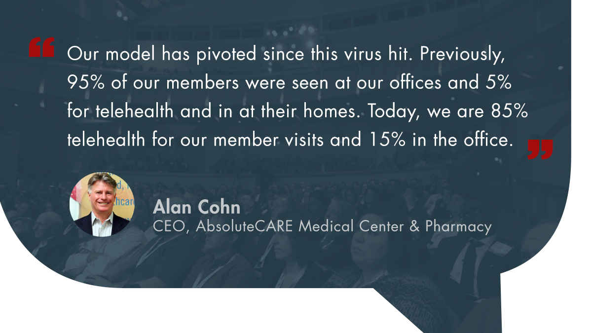 .<a href="/ACohnBaltimore/">Alan Cohn | Baltimore</a> says his <a href="/AbsoluteCAREMed/">AbsoluteCare</a> visits are now primarily #telehealth, and he anticipates telehealth may become 1/4 of their visits even after COVID-19. #QT2020