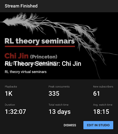 CsabaSzepesvari's tweet photo. With some glitches, but we are done with the first of the series. Never knew so many people care about RL theory, yay! Great talk Chi Jin! Awesome audience! Next one can only be smoother:) Sign up here if you have not signed up yet: https://t.co/pS5mTVXcir https://t.co/5gRoprrx2b