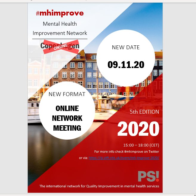 UPDATE! The Mental Health Improvement Network Meeting 2020 (#mhimprove) will now be ONLINE | 9 November 2020 | 14:00 - 17:00 GMT with <a href="/jonnybaldy/">Johnathan MacLennan</a> <a href="/DrAmarShah/">Amar Shah</a> <a href="/okpedrodelgado/">Pedro Delgado</a>  and YOU! Check here for details: qi.elft.nhs.uk/event/mh-impro… <a href="/patientsikker/">Dansk Selskab for Patientsikkerhed</a> <a href="/TheIHI/">Institute for Healthcare Improvement (IHI)</a>