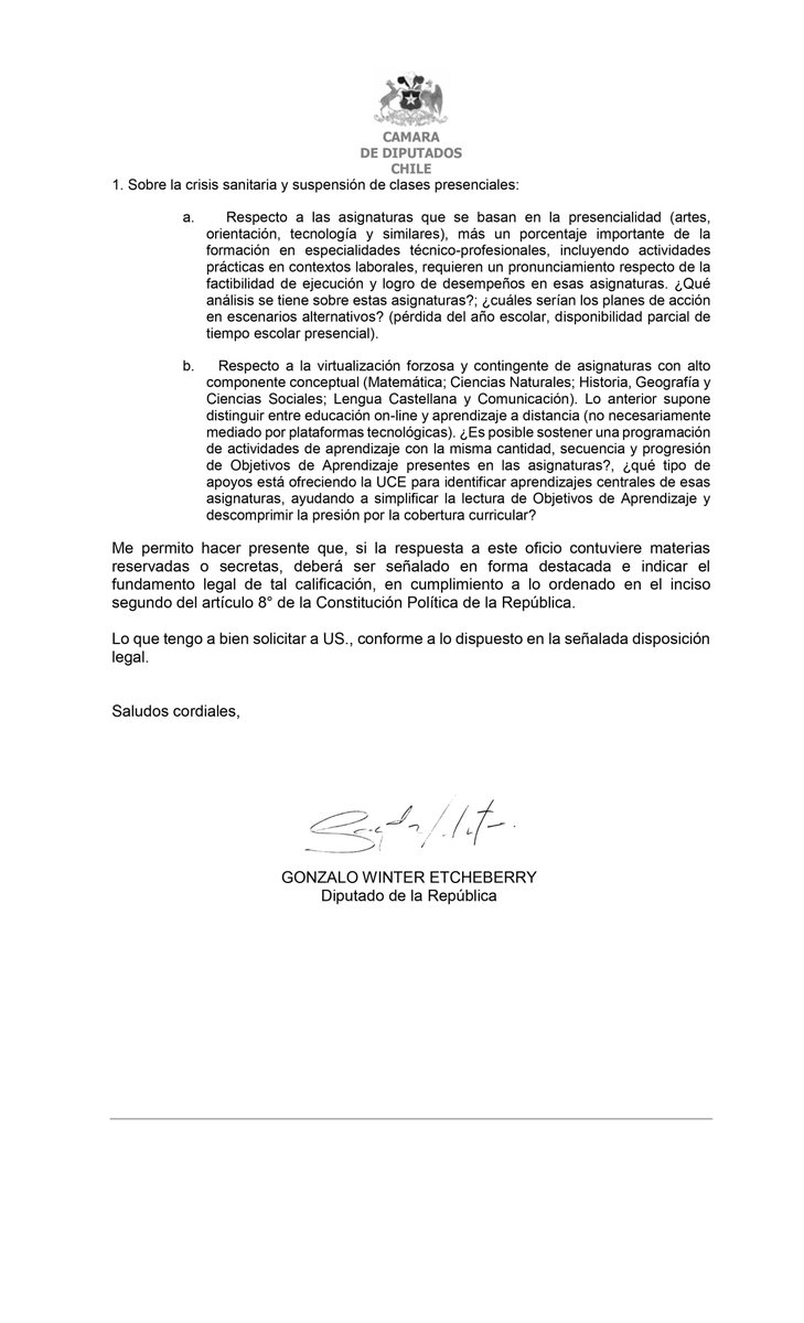 EquipoWinter's tweet photo. Hoy oficiamos a @Mineduc para reiterar solicitudes aún no respondidas y agregar nuevos requerimientos en virtud de conocer las condiciones técnico pedagógicas en que se daría la vuelta a clases de niñas y niños. Necesitamos más certezas y seguridades. Compartimos solicitudes. https://t.co/g9LgJOlzN9