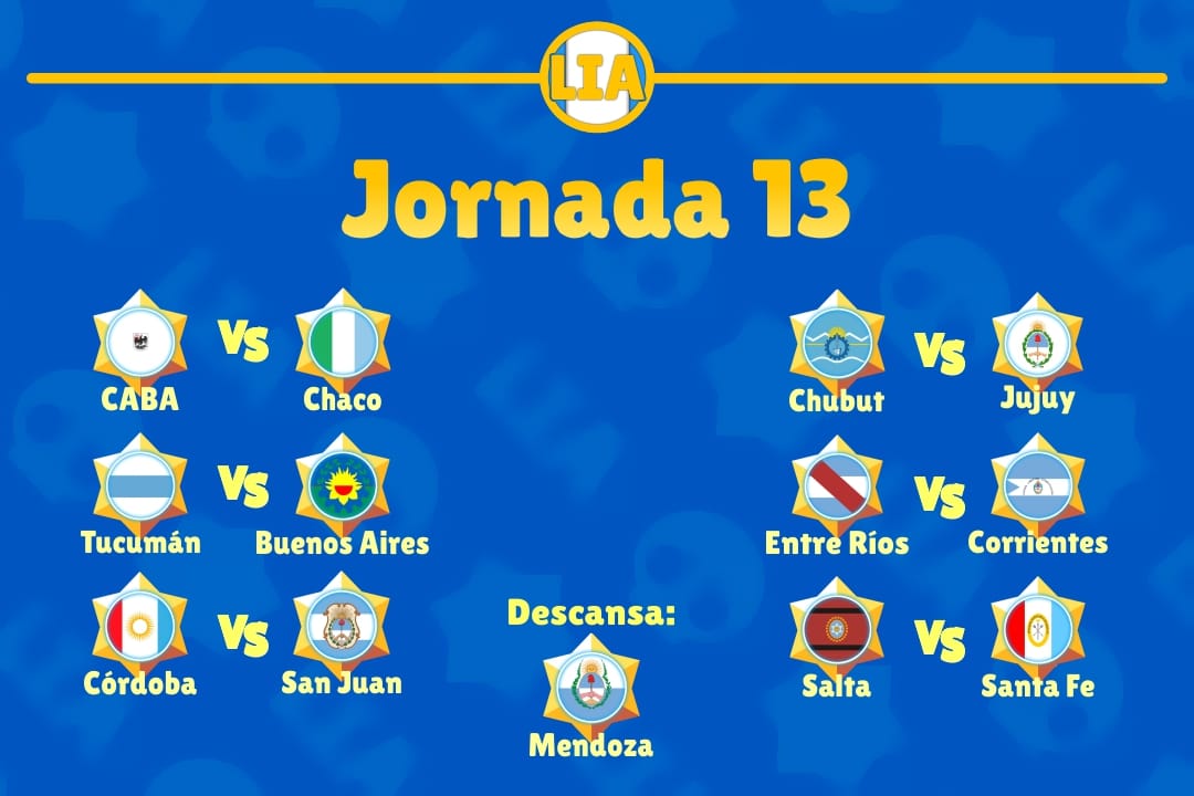 #LIAbs | Jornada 13

🇦🇷 Estos son los enfrentamientos de la Jornada 13

🔸Jornada en la que <a href="/SelecMZA/">Team Mendoza #EnCasa</a> descansará
🔸Ultima Jornada ¿Quienes seran las 4 provincias?🤔