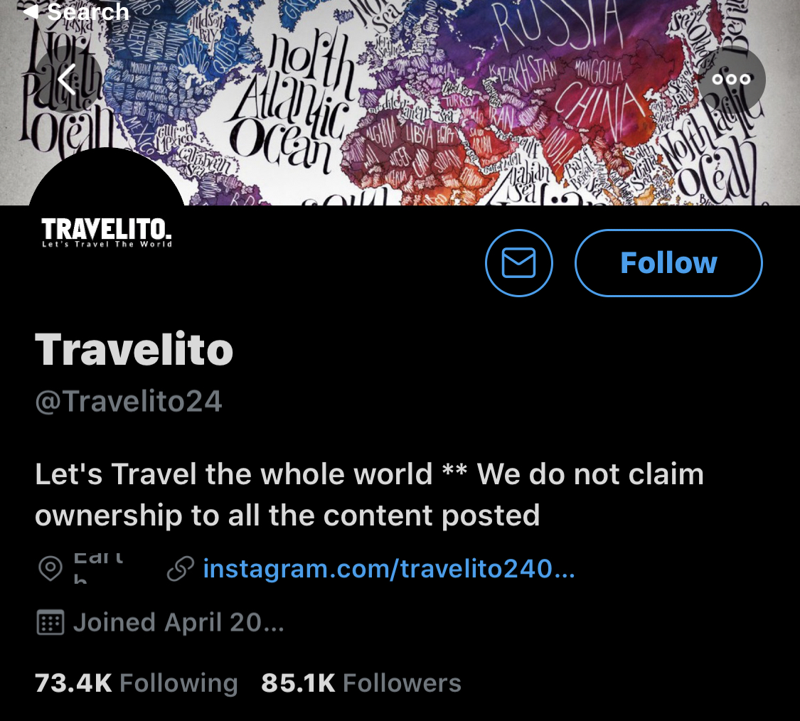 Let’s figure out who posted this.  @Travelito24 is a travel account that shares high-quality photos from unique places around the world. FYI they don’t claim ownership to all of the content they post. See their bio 