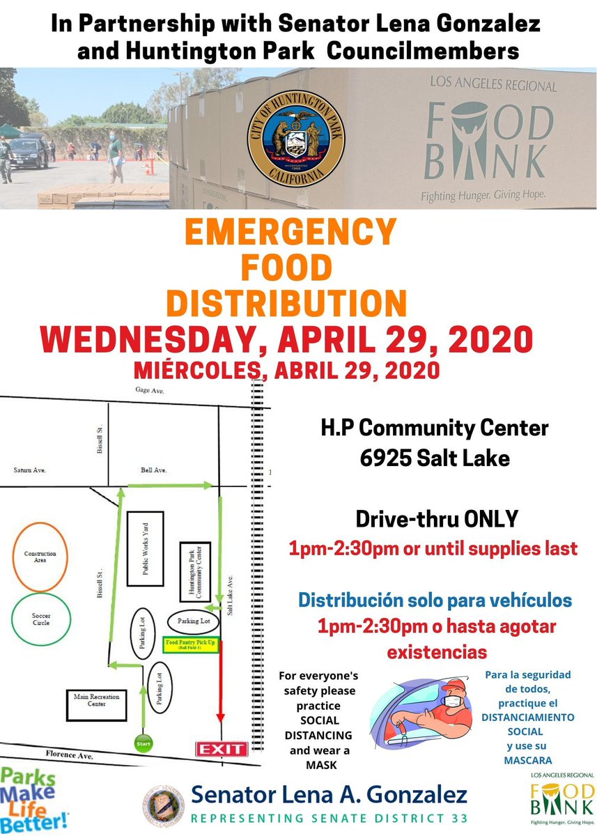 The City of Huntington Park is proud to partner with the LA Regional Food Bank and Senator Lena A. Gonzalez in providing a drive thru Food Bank TOMORROW April 29, 2020 at 1 pm - 2:30. Please share with family and friends. .