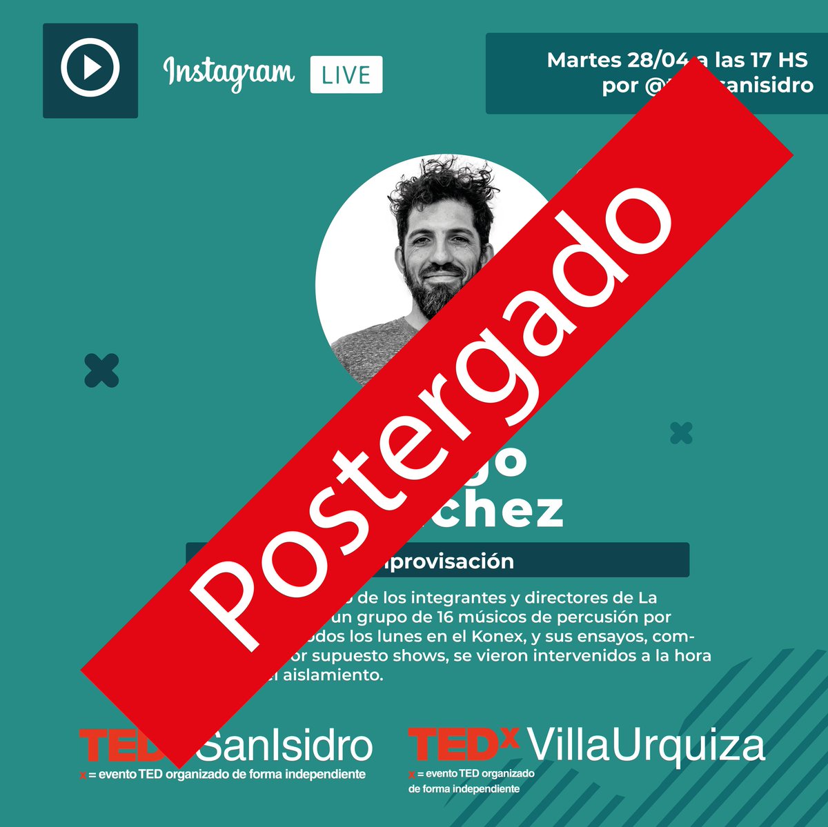 😱 Postergamos el #InstagramLive con #DiegoSanchez de <a href="/labombadetiempo/">La Bomba de Tiempo</a>

Estaremos anunciando brevemente la nueva fecha 🙌🏼

#TEDxSanIsidro 💡