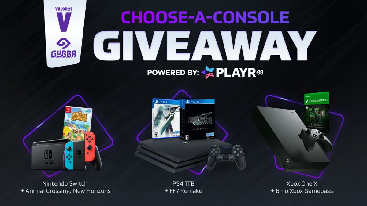 VIzzy34's tweet photo. 👀 Enter for your chance to win a Nintendo Switch with #ACNH, PS4 With #FF7Remake or a Xbox One X With 6 Month Game Pass Your Choice!

To Enter:
🔗 https://t.co/6Cvm0NFLpk

Bonus Entries:
💞 Retweet &amp; Like
🔔 Follow @Valor2S &amp; @GubbaTV 
👋 Share this giveaway with some friends https://t.co/gZuW1o0R0p