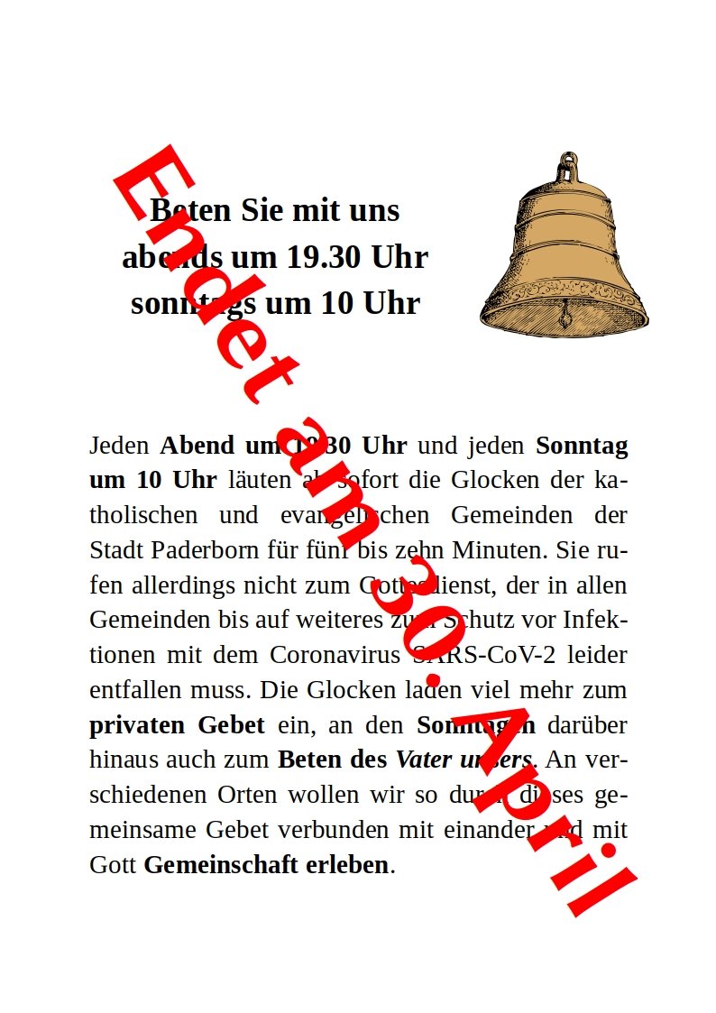 EvPaderborn's tweet photo. Das #ökumenische #glockenläuten geht in wenigen Tagen zuende. Ab dem ersten Maiwochenende werden in #paderborn erstmals wieder einzelne #gottesdienste gefeiert, weitere werden voraussichtlich in den kommenden Wochen folgen. Dann rufen die Glocken wieder zum Gottesdienst. https://t.co/3CspWgElD1