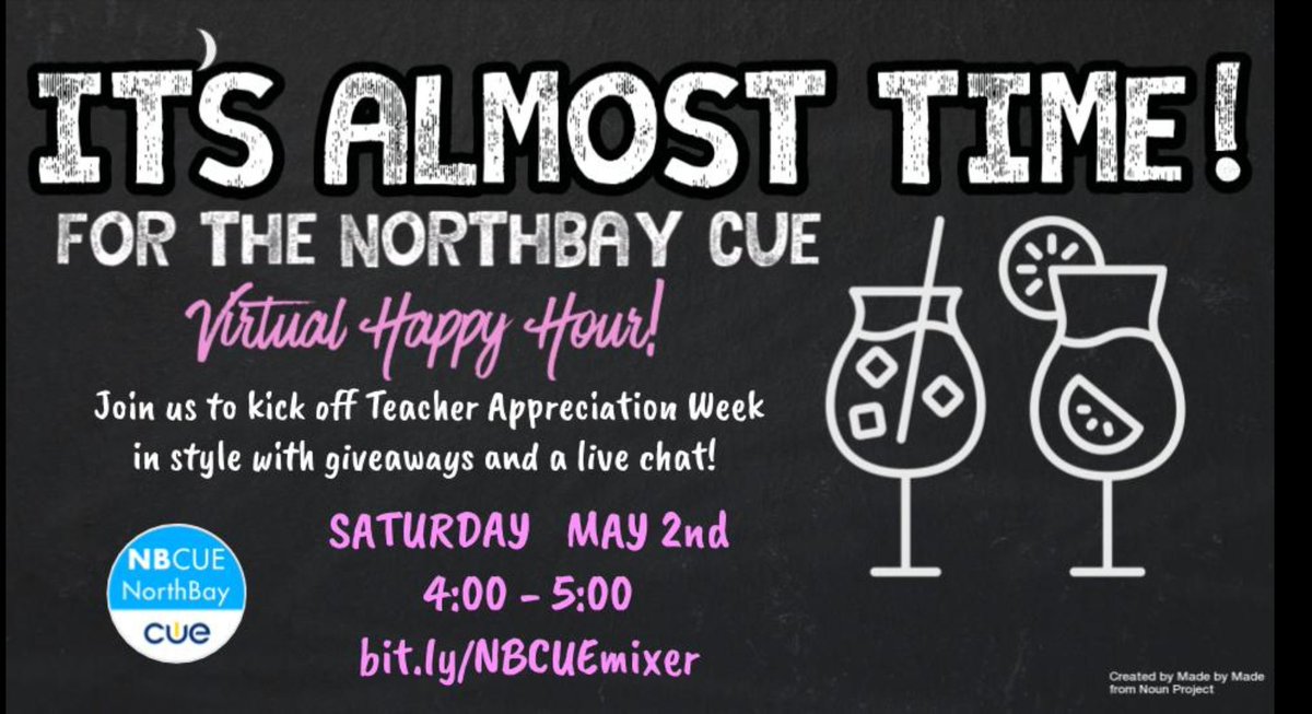 Can't wait to hang out Saturday for our @NorthBayCUE virtual happy hour! Join us by signing up at bit.ly/NBCUEmixer. We'll have some fun and give away prizes while hanging out with some of our favorite people! #wearecue #nbcue #BetterTogether #caedchat