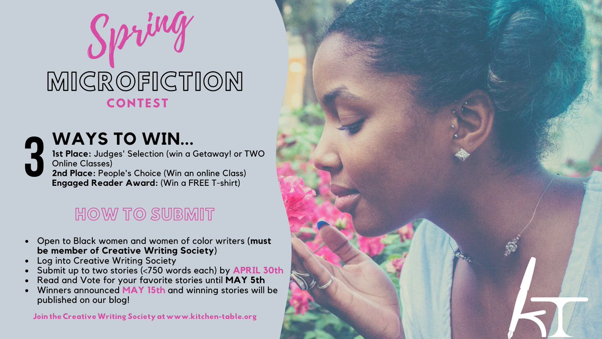 KitchenTableLit's tweet photo. These are the final days for our Spring Microfiction contest! Get your stories in and don't forget to vote!

https://t.co/e2uAjErspp

#blackwomenwriters #WOCwriters #Writing #WritingCommunity #WeWriteHere #CreativeWritingSociety https://t.co/yVLgG2VHgB