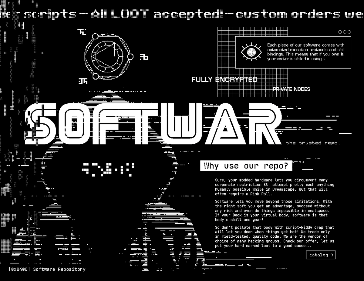 HEAVY WIZARDRY does not have equipment per se. As the game takes place in VR, instead of equipment or spells, HW has programs and scripts.

So why not make the chapter about equipment an "ad" for in-universe software vendor?