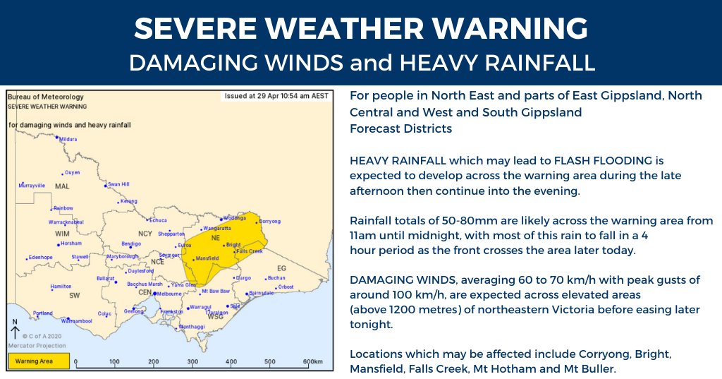Severe Weather Warning for DAMAGING WINDS and HEAVY RAINFALL

For people in North East and parts of East Gippsland, North Central and West and South Gippsland
Forecast Districts.

Stay informed bom.gov.au/vic/warnings/